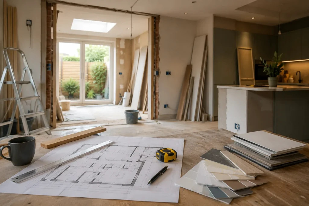 Renovatie Gorinchem met bouwtekeningen, materiaalstalen en gereedschap tijdens de verbouwing van een moderne woning.
