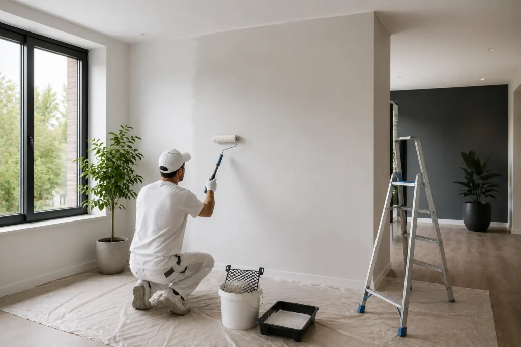Schilder brengt een frisse verflaag aan op een strak afgewerkte muur in een moderne woning in Gorinchem.