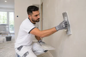 Stukadoor in Gorinchem brengt glad stucwerk aan op een binnenmuur