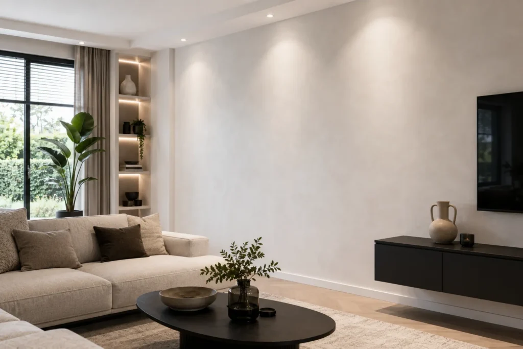 Strakke glad gestucte muur in een modern interieur in Gorinchem