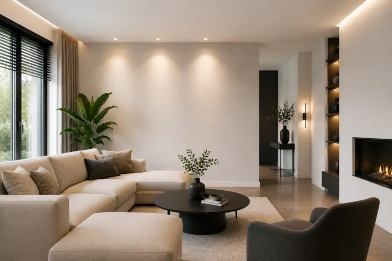 Stijlvolle woonkamer met strak gestucte muren en plafond voor een rustige en verzorgde uitstraling.