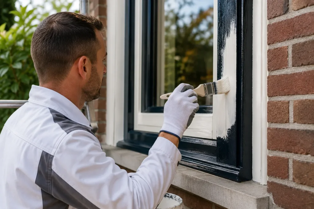 Schilderwerk Gorinchem waarbij een vakman een houten kozijn beschermend schildert