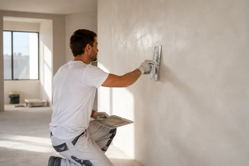 Stukadoor Gorinchem brengt strak stucwerk aan op een binnenmuur voor een gladde en duurzame afwerking.