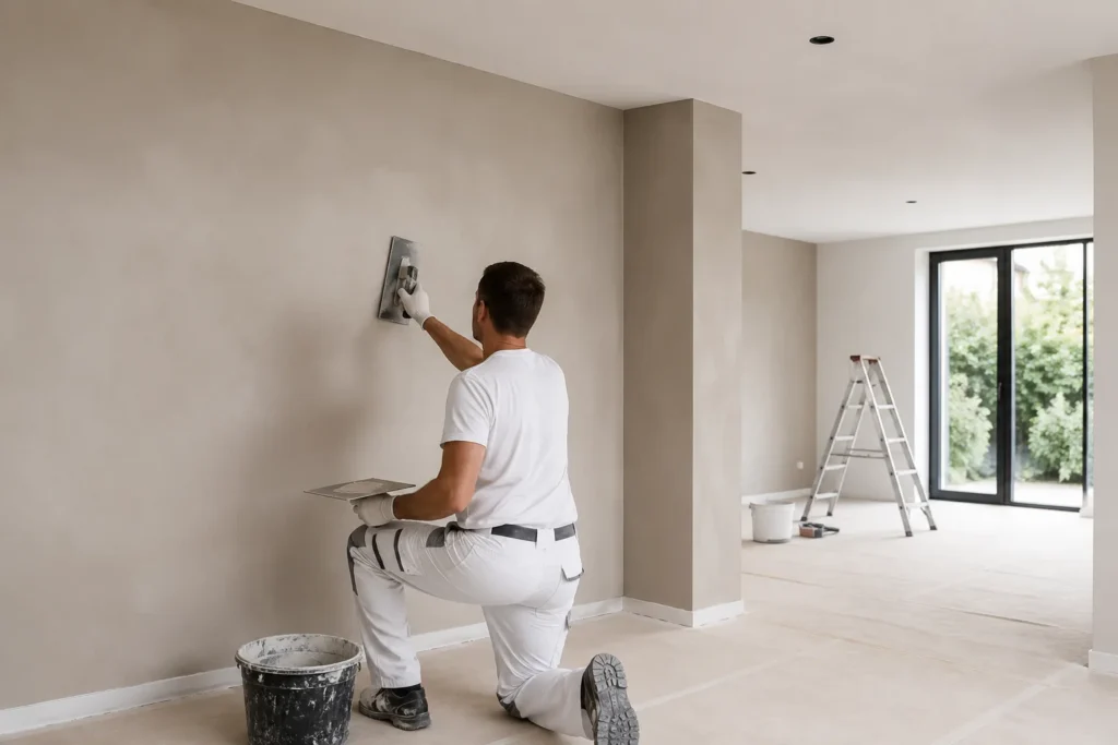 Stukadoor Gorinchem werkt aan een strakke en egale wandafwerking in een moderne woning.
